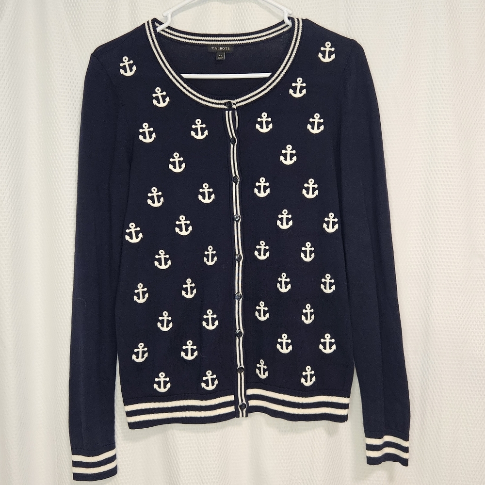 Talbots Navy and White Anchor Cardigan Sweater